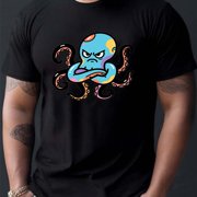 Men'S T-Shirt Featuring a Cartoon Octopus with The Slogan 'Unique And Cool', Adult Animal Print Short Sleeves, Stylish Casual Loose Fit