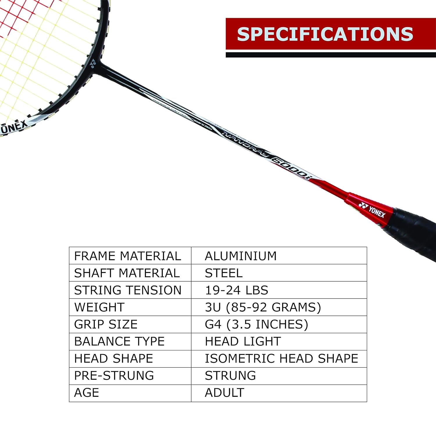 Yonex NANORAY 6000i G4 - U Aluminium Strung Badminton Racket With