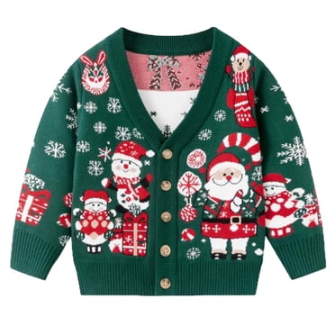 SGMVNU Girls Boys Christmas Knit Cardigan Sweaters Xmas Pattern Long Sleeve V Neck Button Down Clothes for Toddler Kids Size 3-4 Years Army Green