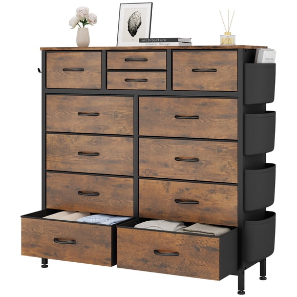 LainTene Commode à 12 Tiroirs pour Chambre à Coucher, Tour Organisatrice de Garde-Robe en Tissu avec Dessus en Bois, Cadre en Métal pour Vêtements, Pièce, Salon, Couloir, Brun Rustique