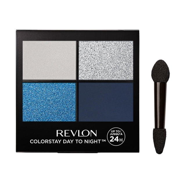 Revlon ColorStay Day to Night™ Long Lasting Matte and Shimmer Eyeshadow Quad with four pans including shimmer silver and blue, matte light grey and navy shades, plus a dual-ended sponge applicator, designed for up to 24-hour wear and versatile eye looks.