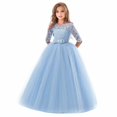 thumbnail image 1 of 2025 Robe Longue Jusqu'au Sol pour Filles en Dentelle Florale à Manches 3/4, Mariage, Fête, Soirée, Formelle, Danse, Bleu, 1 of 3