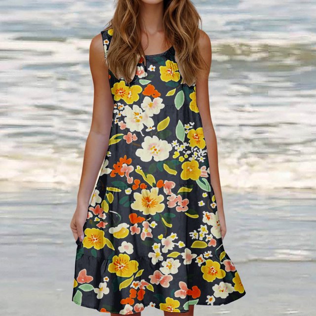 Ovzne Robes pour Femmes Robe pour Femme Mode Féminine Vacances Été Couleur Unie Sans Manches Fête Plage Robe Imprimée Liquidation