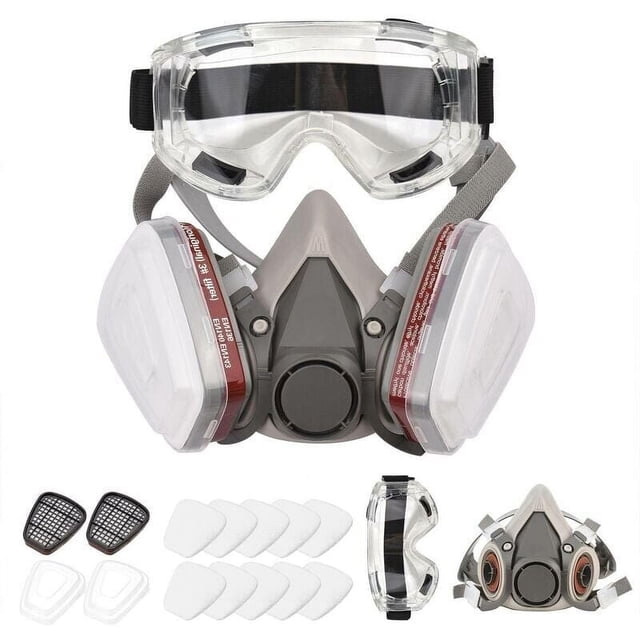 Reimagined Respirator: Reusable Half Face Cover by Dutchman, featuring a premium-grade silicone construction for a sealed and comfortable fit. Includes an advanced dual filtration system for 95% airborne contaminant protection, adjustable ergonomic design with a quick-release buckle, and clear protective goggles. Suitable for painting, welding, and woodworking. Additional filters and components are displayed alongside the respirator.