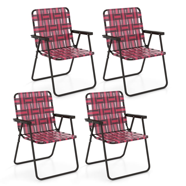Costway Lot de 4 Chaises de Plage Pliantes Chaise de Camping pour Pelouse avec Sangles Légère 1 Position Rouge. Ensemble de Quatre Chaises d'Extérieur Légères avec Siège et Dossier en PE Rouge avec Sangles, Soutenues par des Cadres en Métal Noirs. Chaque Chaise Présente de Larges Accoudoirs, un design Pliant compact et un Poids de 7 lb pour une Portabilité Facile. Idéal pour le Camping, les Sorties à la Plage Ou la Détente dans la Cour Arrière.
