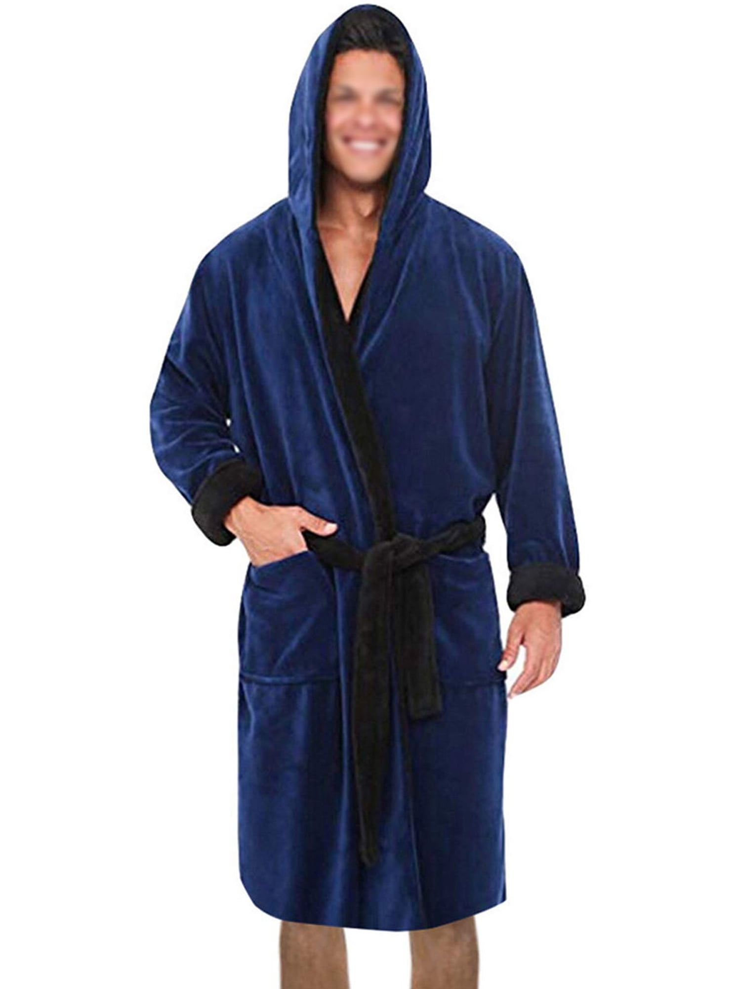 Innerwin Bath Robes Hoodie Men's Wrap Robe Winter Long Sleeve Soft Dressing Gown Navy Blue Black S