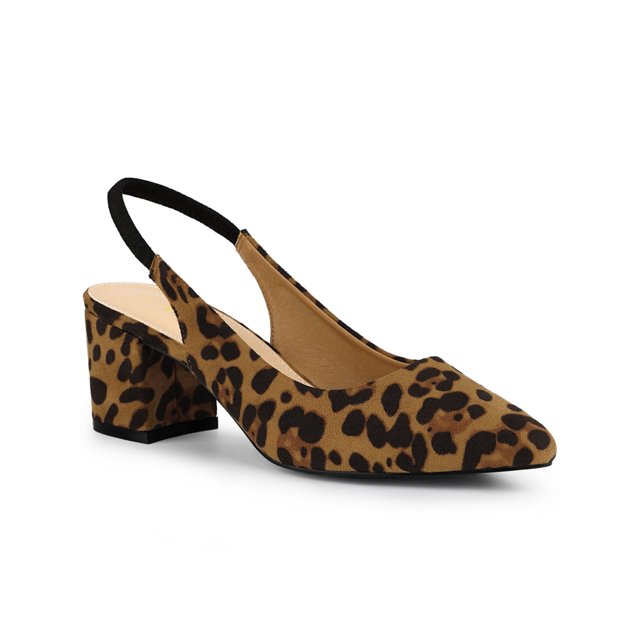 BLISSFUL STEP Women's Block Heel Pumps Slingback Heels Leopard 7. A pointed-toe slingback heel with a faux suede leopard print finish, featuring a 2 3/4-inch ABS block heel and elastic strap for secure wear. Designed for casual outings or office settings, this shoe combines style and comfort.