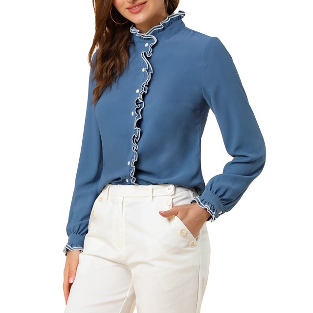 INSPIRE CHIC Women's Office Button Down Ruffle Stand Collar Long Sleeve Work Shirts