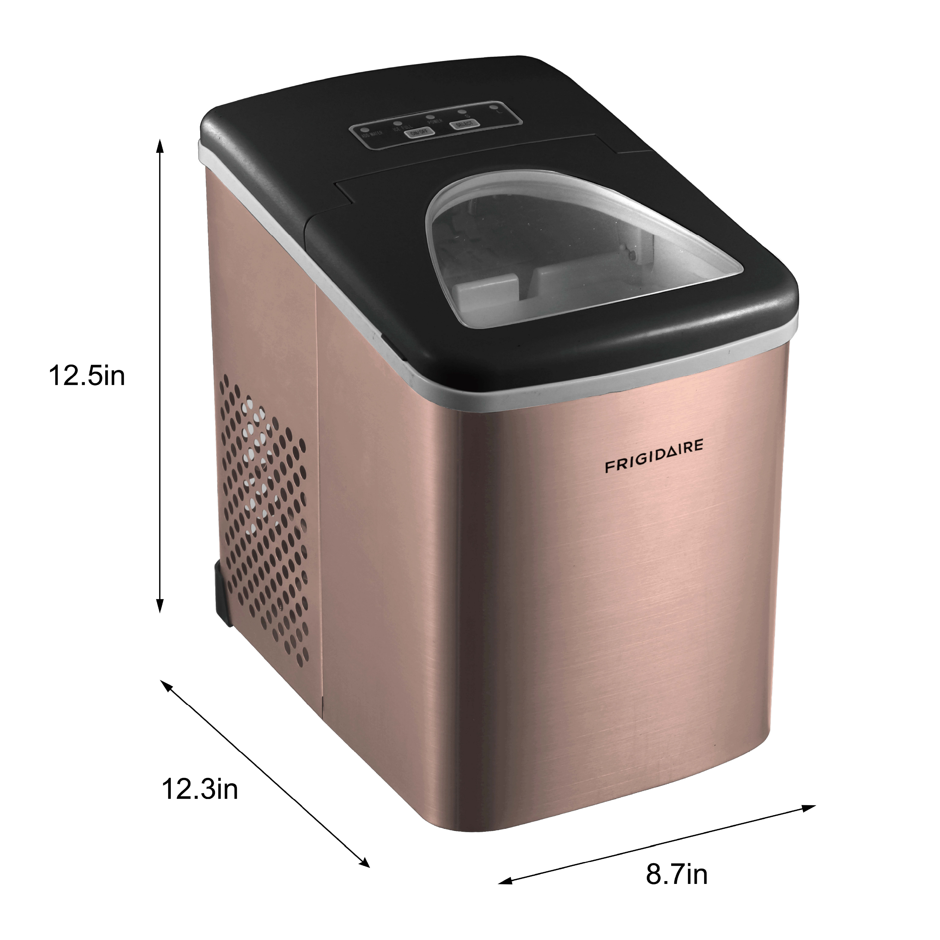 Machine à glaçons Frigidaire de 12 kg (26 lb), modèle Bullet, à poser sur le comptoir, avec commandes LED, en acier inoxydable cuivré.