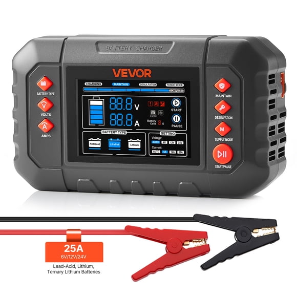 VEVOR Smart Battery Charger, 25A, 6V 12V 24V Ternary Lithium LiFePO4 Lead-Acid (Gel/AGM) Battery Charger, with 3.4-Inch LCD Display