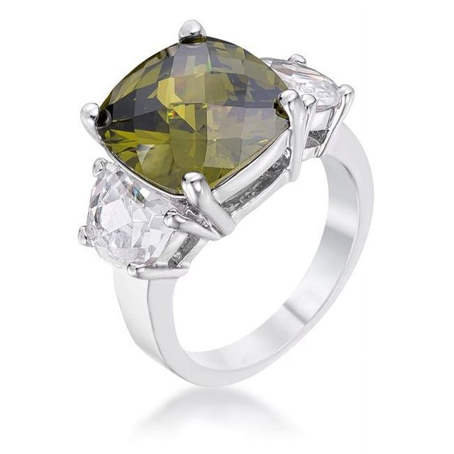 Precious Stars R07409R-C42-09 Bague 3 Pierres Precious Stars Silvertone Coussin Vert Olive Zircone Cubique