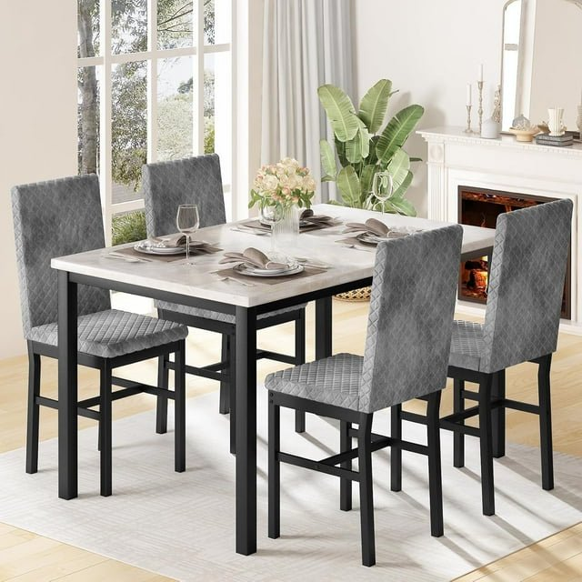 Stmoze Dining Table Set for 4, 5 Pieces Faux Marble Tabletop Kitchen Table with 4 Velvet Upholstered Chairs, Rectangular Dining Table and Chairs Set for Small Space, Kitchen, Pub, Gray