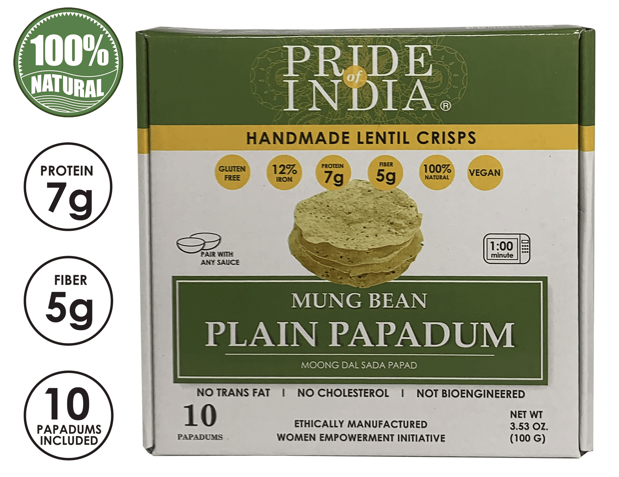 Pride Of India - Mung Bean Plain Papadum Lentil Crisp, 10 count (3.53oz - 100gm) - Plant Based Protein Snack, Gluten-Free Vegan Crackers, Healthy Bean Chips, Traditional Handmade Indian Low Carb Food