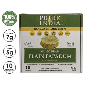 Pride Of India - Mung Bean Plain Papadum Lentil Crisp, 10 Nombre (3.53oz - 100gm) - Snack à base de protéines végétales, Crackers végétaliens sans gluten, croustilles de haricots sains, aliments traditionnels à faible teneur en glucides des Indiens