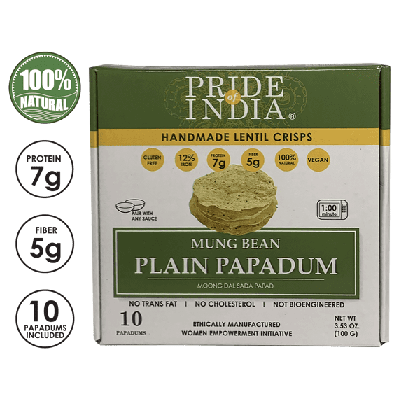 Pride Of India - Mung Bean Plain Papadum Lentil Crisp, 10 count (3.53oz - 100gm) - Plant Based Protein Snack, Gluten-Free Vegan Crackers, Healthy Bean Chips, Traditional Handmade Indian Low Carb Food