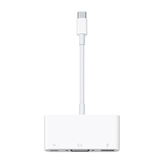 Apple USB-C VGA Multiport Adapter with a white USB-C cable attached to a rectangular white adapter housing featuring VGA, USB-A, and USB-C ports for connecting USB-C or Thunderbolt 3 devices to VGA displays and USB accessories.