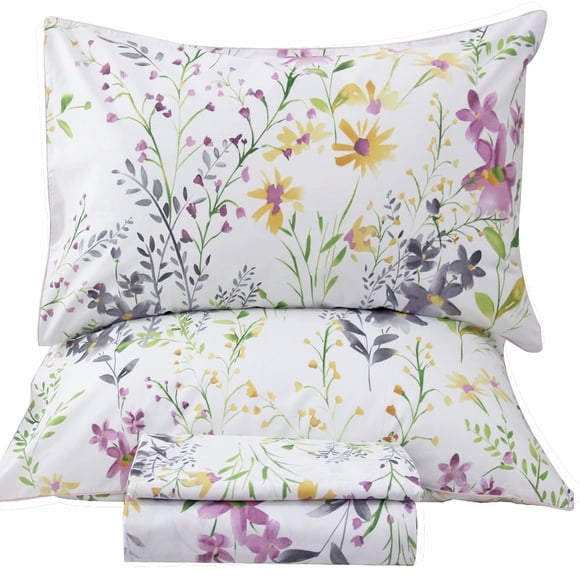 Queen's House Romantic Garden Floral Bed Sheet Set 4 Piece King Size 100% Egyptian Cotton Deep Pocket Bedding Set-W