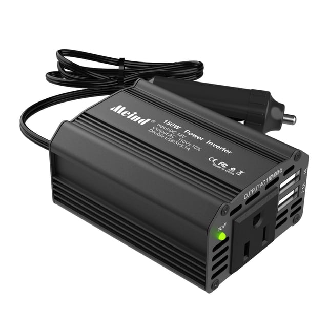 TopLLC 150W Car Power Inverter with 12VDC to 110V AC conversion, featuring a compact black ribbed aluminum housing. Includes one AC outlet and two USB ports for charging laptops, tablets, and other devices. Equipped with a vehicle adapter plug and integrated cable for easy connection to car power sources. Designed for portability and durability, with built-in safety mechanisms such as overheating and short circuit protection. Ideal for RVs, road trips, and mobile work setups.