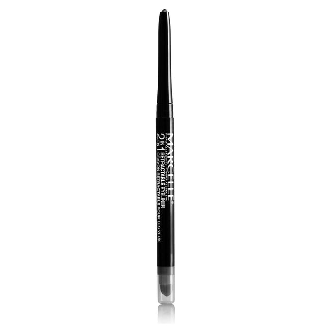 Marcelle 2-in-1 Retractable Eyeliner with a slim black body and white branding text, showing the retractable tip extended at the top and a clear cap at the bottom covering a flexible sponge applicator for creating smokey eyes and precise lines with long-lasting wear.