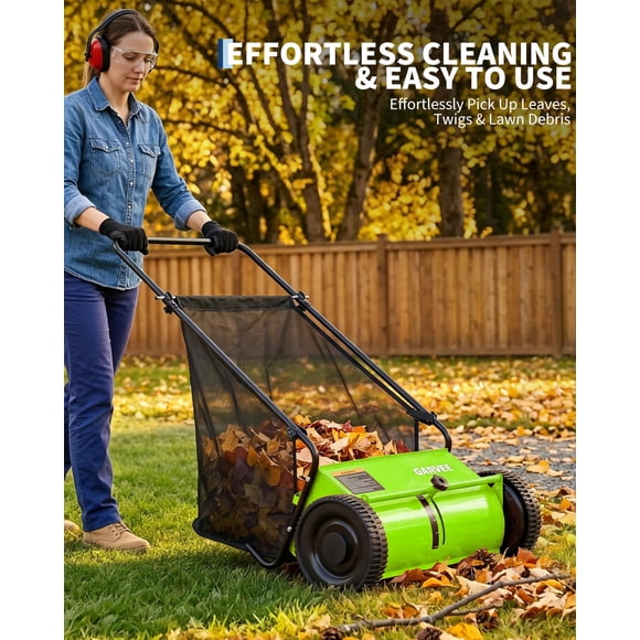 GOGRANT 26 Inch Push Lawn Sweeper, 7 Cu.ft Large Capacity Leaf & Grass Collector with 4 Spinning Brushes, Heavy Duty Steel Frame Yard Sweeper for Leaves, Grass Clippings, Pine Needles & Garden Debris