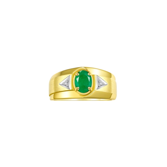 RYLOS Men's Rings 14K Yellow Gold Classic 7X5MM Oval Gemstone & Diamond Designer Ring Emerald May Birthstone Rings For Men, Gold Rings Size 13