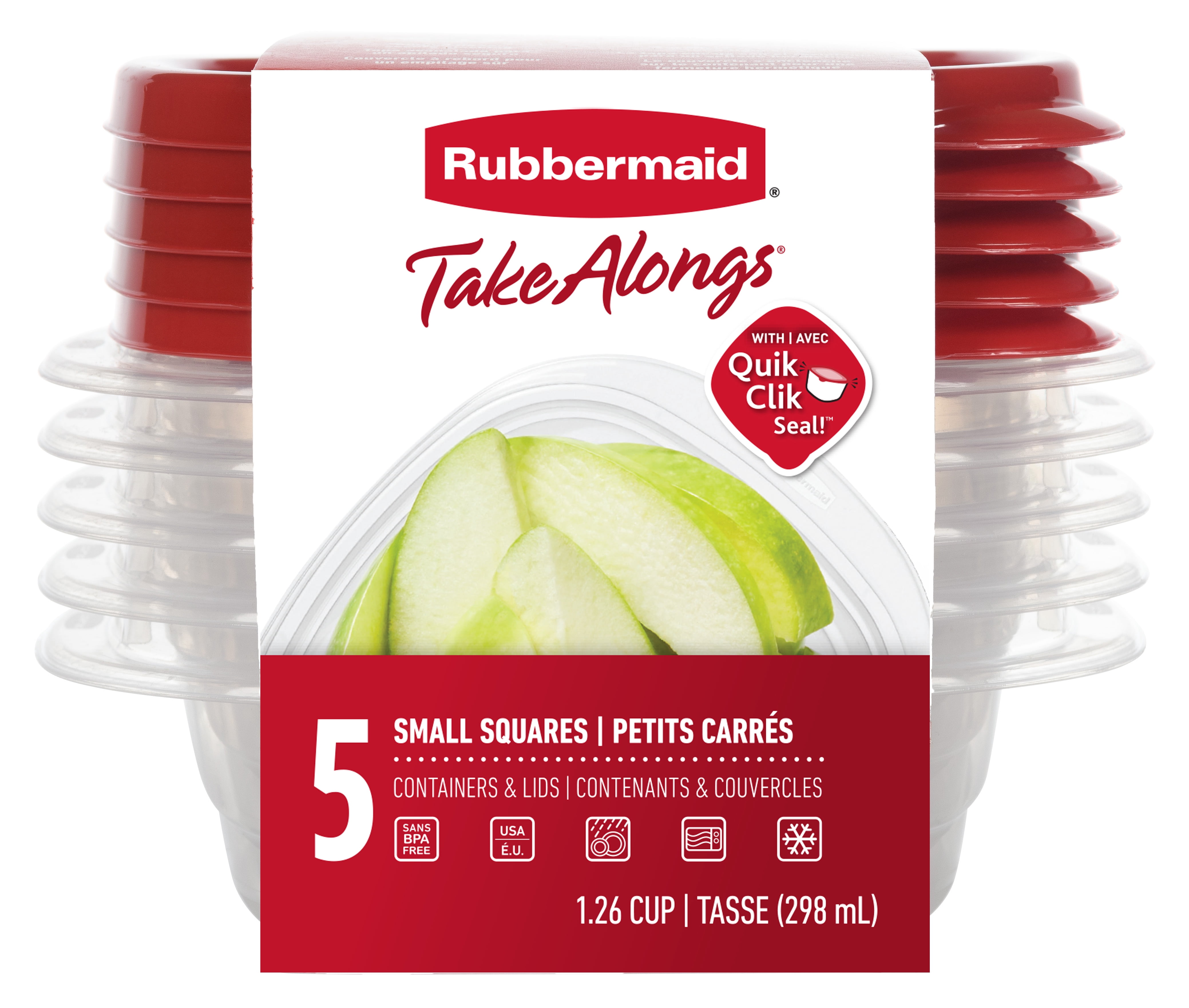 Rubbermaid TakeAlongs Square Food Storage Containers, 298 mL (1.26 Cup), Ruby Red, 5 Pack
