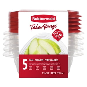 Rubbermaid TakeAlongs Square Food Storage Containers, 298 mL (1.26 Cup), Ruby Red, 5 Pack