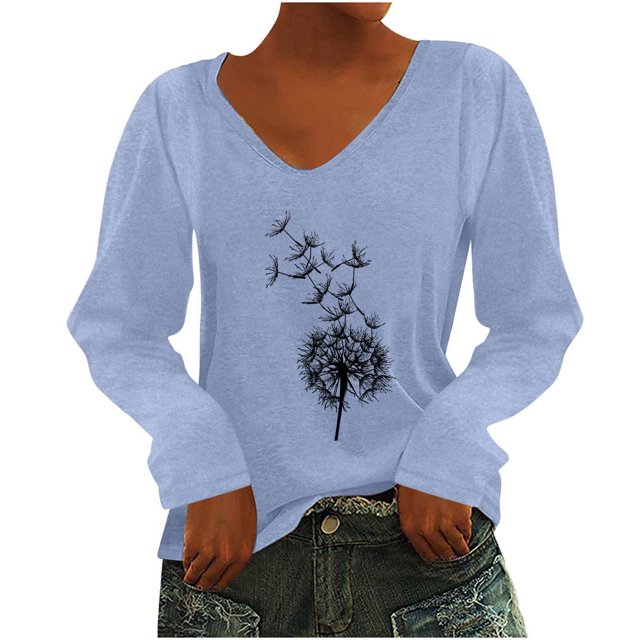 Yuyuzo Womens Basic Fall Tops V Neck Long Sleeve Dandelion Pattern Comfy Tunic Top Tees Pullover Blouse