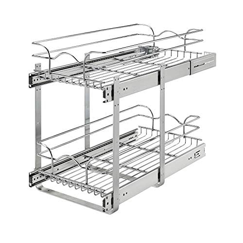 Rev-A-Shelf Kitchen Cabinet Pull Out Shelf Organizer, 12 x 22 In, 5WB2-1222CR-1 two-tier chrome wire pull-out shelf with full-extension ball-bearing slides, U-shape brackets and adjustable top-tier height; 22-inch depth, fits most 11.5–11.75 inch openings, holds up to 100 pounds, often used to organize pots, pans, lids or bottles.
