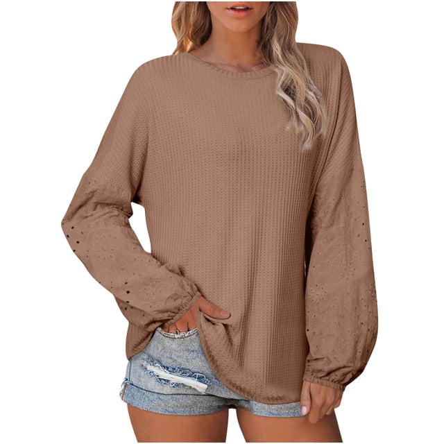 tarylea Hauts pour Femmes Col Rond Dentelle Manches Illets Chemises Manches Longues Décontracté Ample Quotidien Chandail