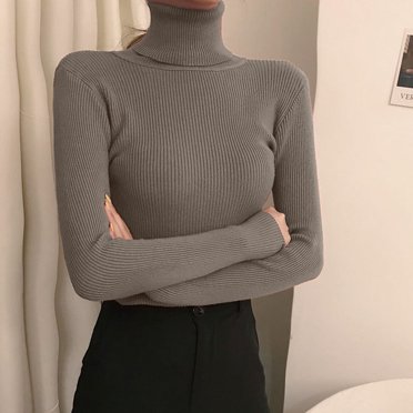 Bmisegm Leggings à Col Roulé à Manches Longues pour Femmes Automne Hiver 2024 Chandail Tricoté Moulant avec un Chandail Noir Ajusté en Dessous du Revers Vêtements d'Hiver pour Femmes Gris Taille Unique