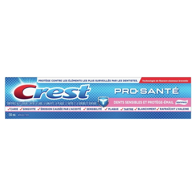Crest Pro-Santé Étiquette de Dentifrice au Fluorure en Français pour Dents Sensibles et protection de l'Émail, Montrant des Bienfaits contre les Caries, la Gingivite, l'Érosion Acide, la Sensibilité, la plaque, le Tartan, le Blanchiment et l'Haleine Fraîche, tube de 130 ml Idéal pour les Soins Buccodentaires Quotidiens.