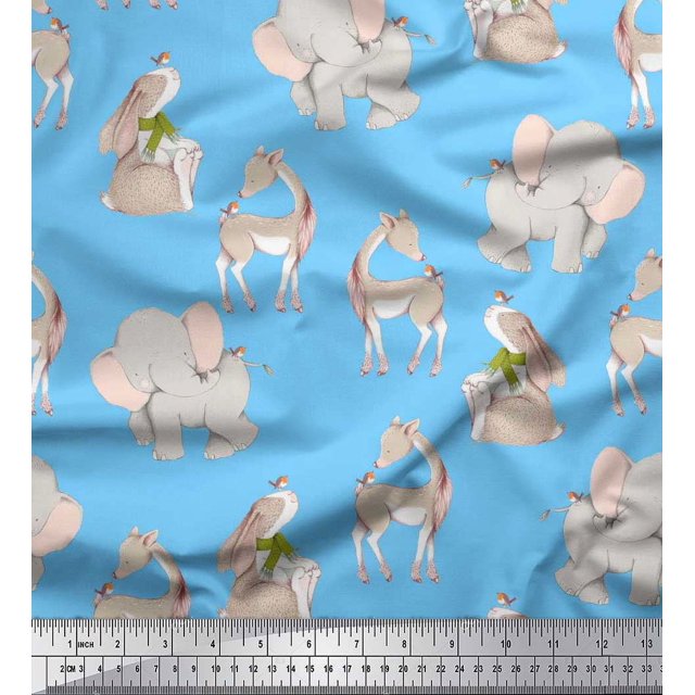 Soimoi Georgette Viscose Fabric Deer,Elephant & Rabbit Kids Printed Craft Fabric by the Yard 42 Inch Wide