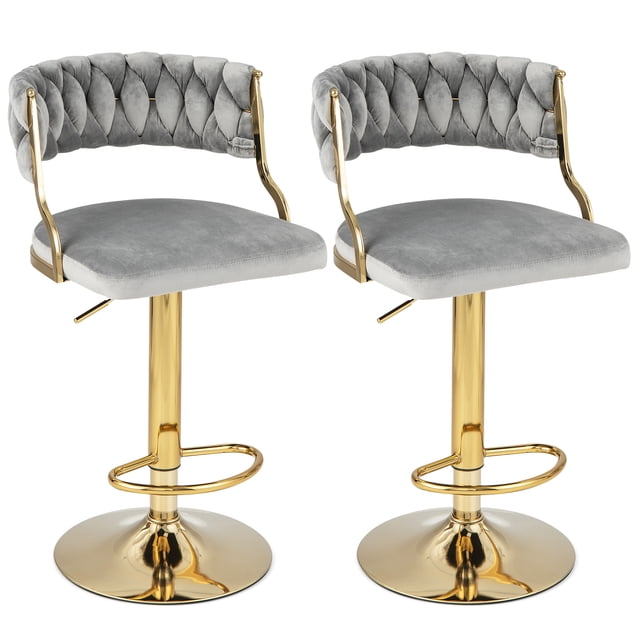Swivel Bar Stool Set of 2 with Barrel Back & Footrest Metal Base for Home Bar. These stools feature a luxurious grey Dutch velvet upholstery with a tufted barrel-shaped backrest and soft-padded seat for ergonomic comfort. The gold electroplated metal base includes a footrest and a non-slip ring for stability and floor protection. Adjustable height from 24 to 33 inches and a 360° swivel function make them versatile for home bars, kitchen islands, or commercial spaces. Dimensions: 19 x 18.5 x 33-42 inches.