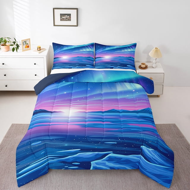 Erosebridal Ensembles de Couette Aurore Antarctique Format Simple, Couettes et Duvets Ciel Étoilé de Rêve, Bleu Marine, Réversible 2 Pcs