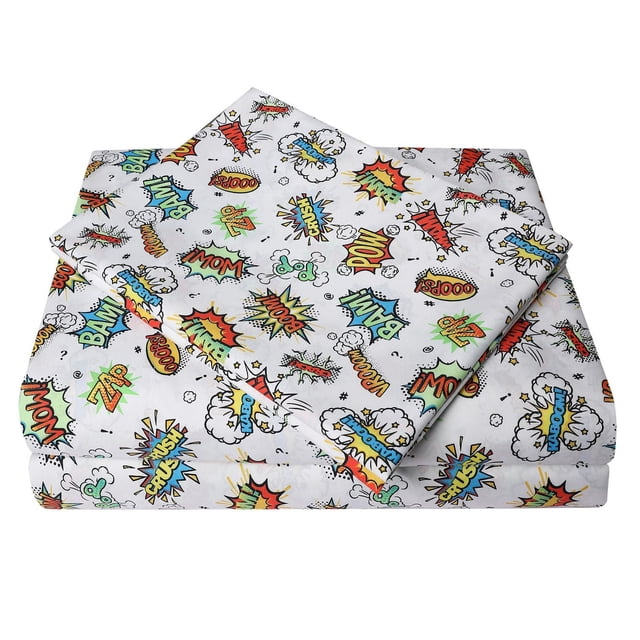 Mainstays Kids Printed Easy Wash Soft-Microfiber Sheet Set with folded white sheets featuring colorful comic book style words like BAM!, POW!, WOW!, and ZAP! in red, blue, green, and yellow. Made of 100% polyester microfiber, this durable, wrinkle-resistant kids bed sheet set includes a deep pocket fitted sheet for mattresses up to 14 inches. Suitable for easy-care kids' bedding and often used to add playful style to children's rooms.