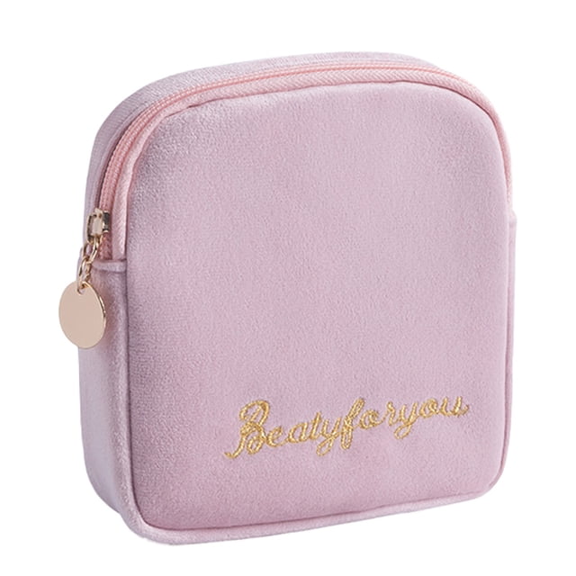 Portable sanitary napkin pads storage bag designed for feminine menstruation and first period use. The pouch is compact and features a soft pink exterior with gold embroidered text reading 'Beautyforyou.' It includes a zipper closure with a round gold charm for added privacy and convenience. Suitable for school, office, travel, and daily use, offering discreet storage for women and girls.