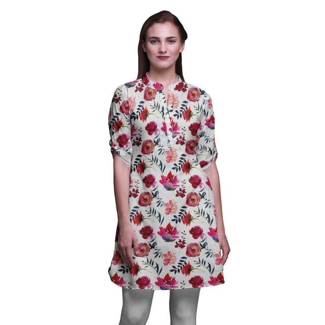 Bimba Kurtis Courtes pour Femmes Imprimées à Col Mandarin Robe à Manches Retroussables