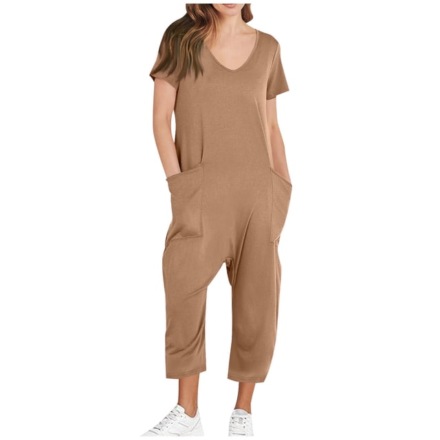 Yuyuzo Jumpsuits for Women Short Sleeve V Neck Rompers Wide Leg Cropped Pants Overalls with Pockets
