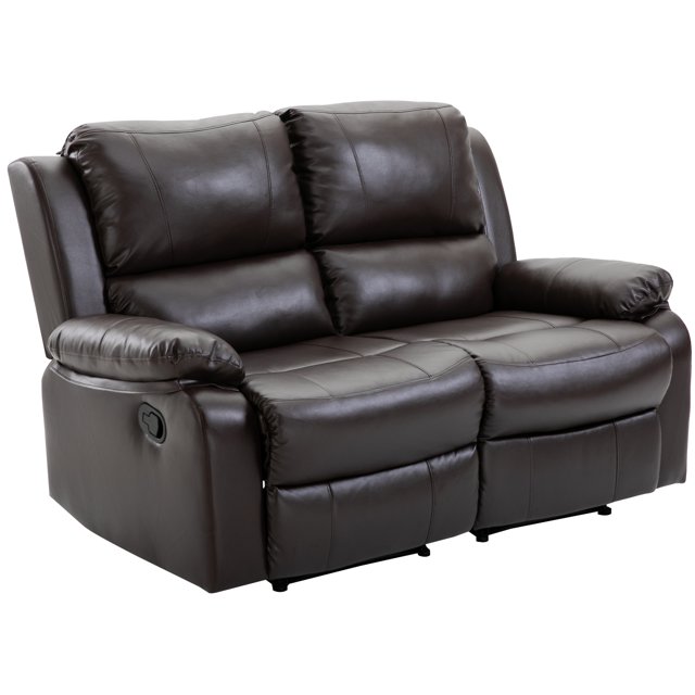 HOMCOM Double Reclining Loveseat Manual Reclining Sofa, PU Faux Leather Pullback Control with Footrest Sofa Set for Living Room, Brown