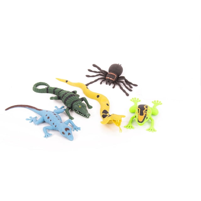 Adventure Force Animal Super Realz set includes five realistic animal figures: a green alligator with textured scales, a yellow snake with black spots and open mouth, a bright green frog with black and yellow markings, a blue lizard with dark spots, and a black spider with orange markings, all on a white background suitable for imaginative play and educational use.