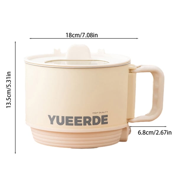 Rewenti Mini Rice Cooker, an electric hot pot with a compact and portable design, shown in a beige color with a transparent lid and side handle. The pot measures 18cm in diameter, 13.5cm in height, and 6.8cm in base width. Ideal for steaming, stir-frying, porridge, and noodle soup preparation. Features include fast heating, non-stick coating, and a multifunctional lid that doubles as a phone stand. Suitable for kitchens, dormitories, and travel.