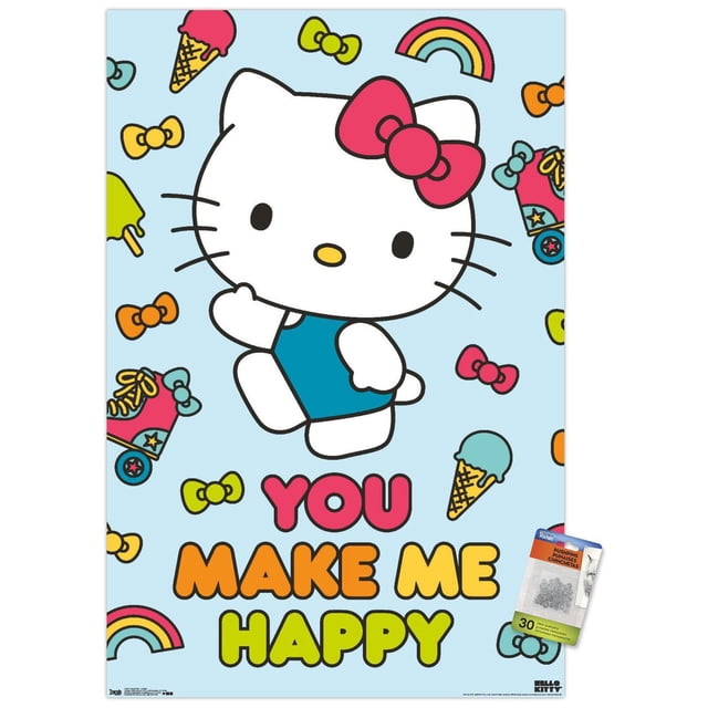 Hello Kitty - Happy Wall Poster, 22.375" x 34" featuring a front-facing Hello Kitty in a blue outfit and red bow on a light blue background with colorful bows, ice cream cones, rainbows, and roller skates, with the phrase 'YOU MAKE ME HAPPY' in bold pink, orange, and yellow letters, suitable for bedroom or party wall decor.