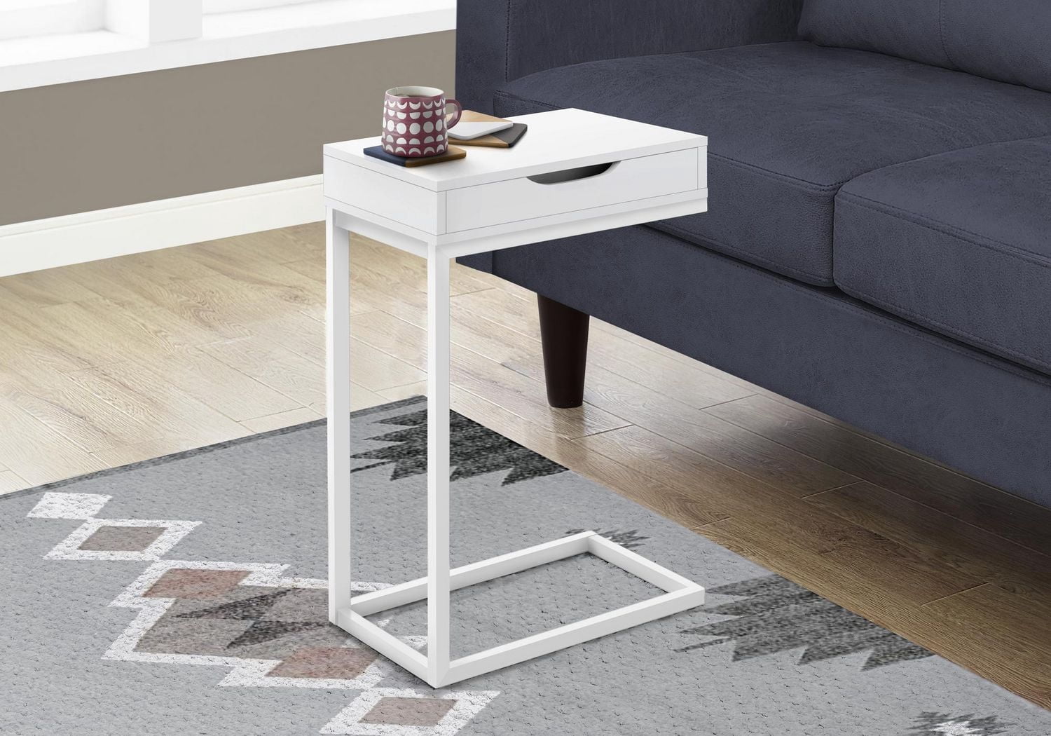 Monarch Specialties Table D'appoint, En Forme De C, Bout, Côté, Collation, Tiroir De Rangement, Salon, Chambre À Coucher, Métal, Stratifié, Blanc, Contemporain, Moderne