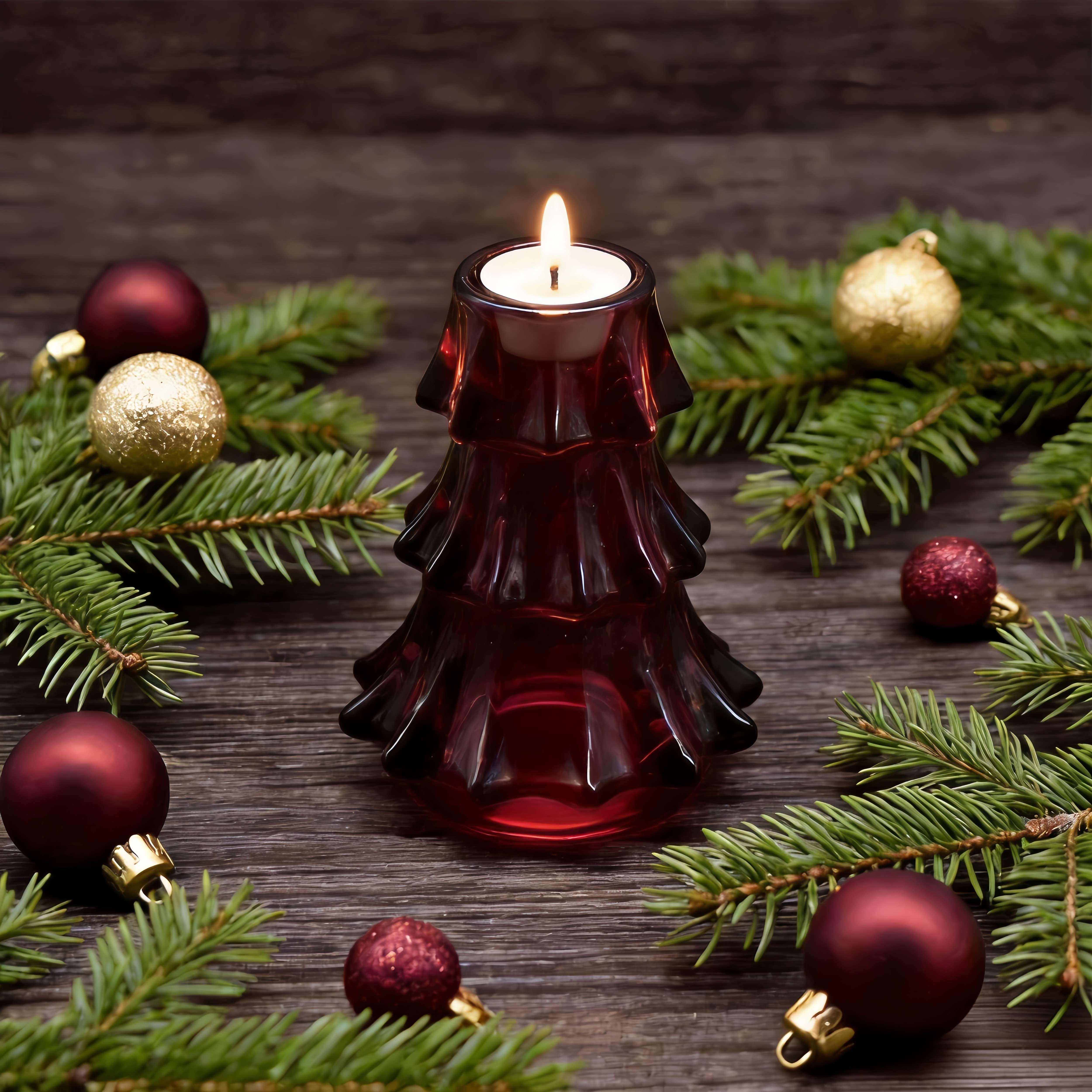 Holiday Time Indoor Christmas Glass Red Tree Candle Holder 4.33"