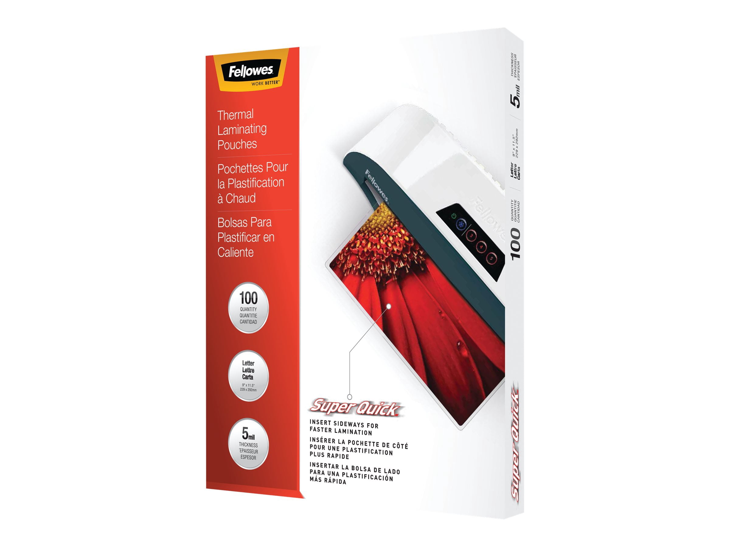 Pochettes de plastification Fellowes® Super Quick, format lettre, 5 mil, paquet de 100
