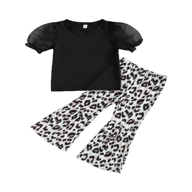 Bébés Filles Léopard Noir Bouffant Manches Tops + Pantalon Évasé 2Pcs Ensemble