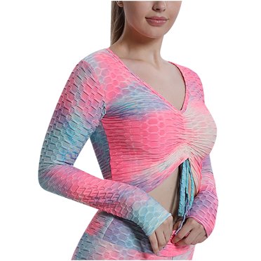 IROINID en Solde Chandail Dry Fit Femme Manches Longues Vêtements de Gym pour Femmes Dames Sport Poitrine Profond Lien V Gilet à Cordon Sans Coussinet de Poitrine Hauts, Rose