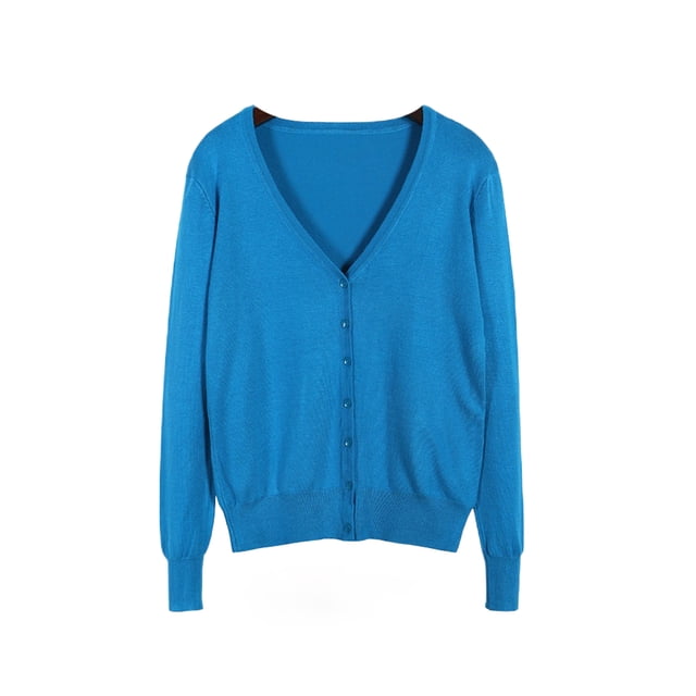 Innerwin Cardigan Sweater V Neck Ladies Coat in lake blue, size M. This women's loose-fit cardigan features a solid color design, V-neckline, long sleeves, and hip-length cut. Made from a soft cotton-polyester blend, it is lightweight and comfortable, ideal for casual, office, or vacation wear during fall, winter, and spring.