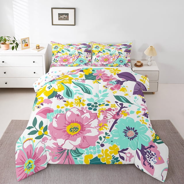 Erosebridal Floral Flower Bedding Full Comforter Set, Spring Plant Comforter Sets Full Size, Female Princess Reversible Down Comforter, Breathable Room Decoration, 3-Piece